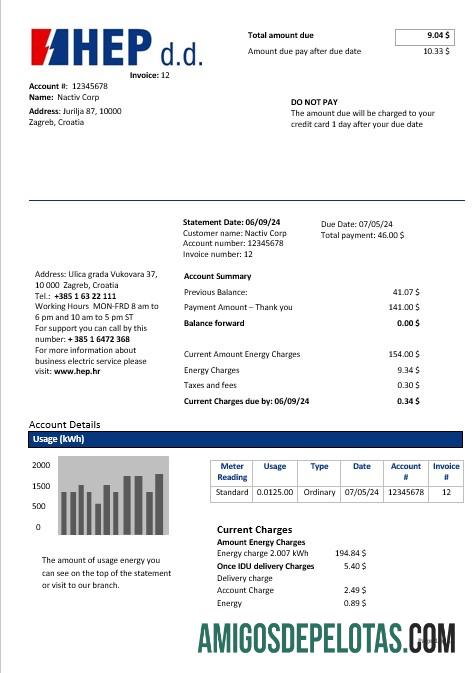 Croácia Hrvatska Elektroprivreda Conta de serviços públicos de eletricidade em formatos Inword e PDF (2) exemplo